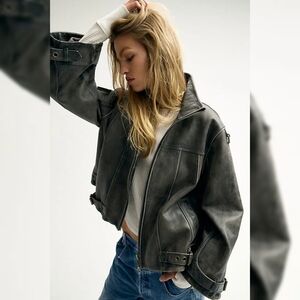 Free People Washed Charcoal Leather Bomber Jacket